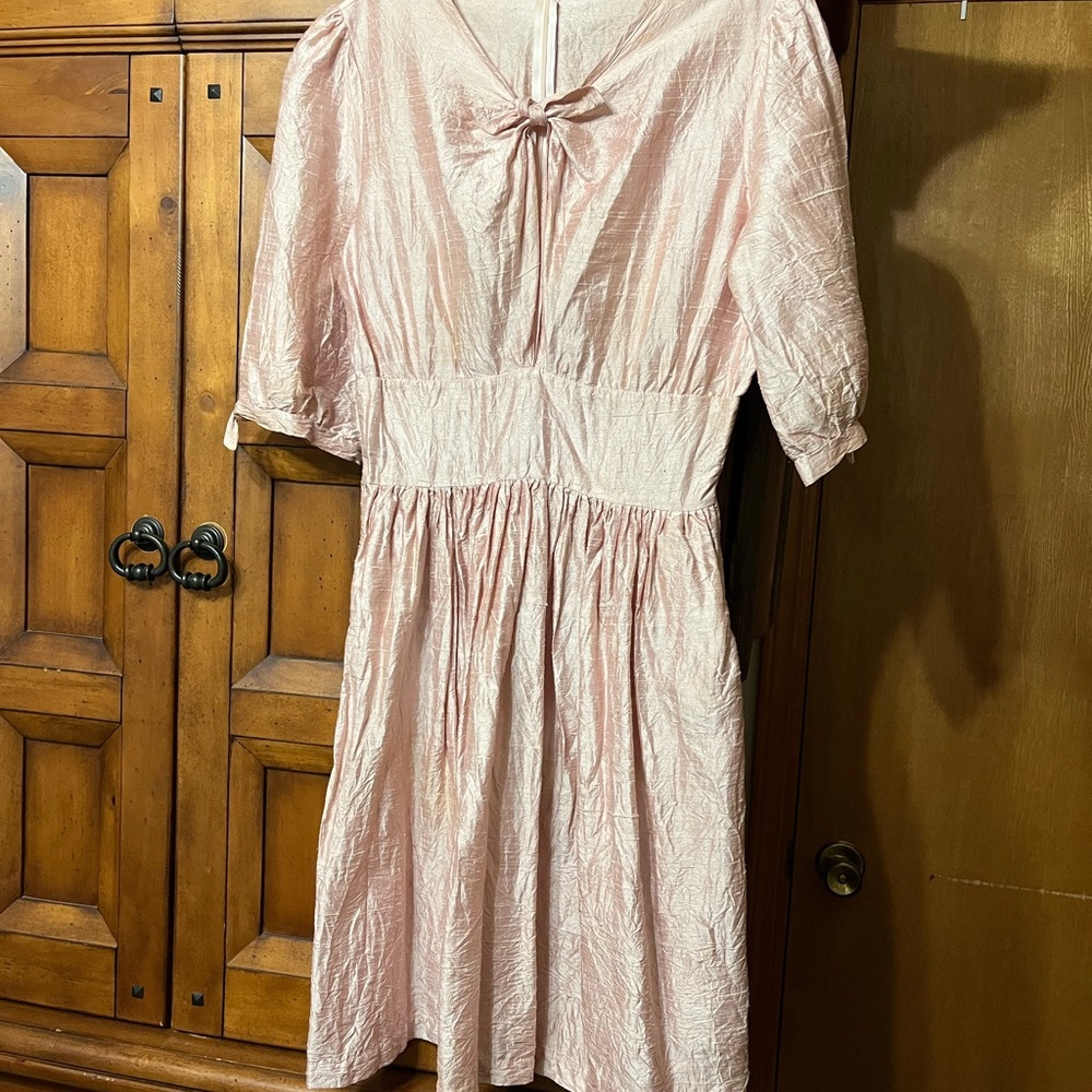 Lena Medoyeff 100% Spun Silk Handmade Blush Pink Midi Dress with Bow Detail